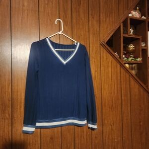 Velvety Soft Navy V-Neck Sweater with White Trim